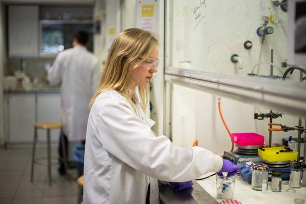 Photo of person in a laboratory using a fumehood